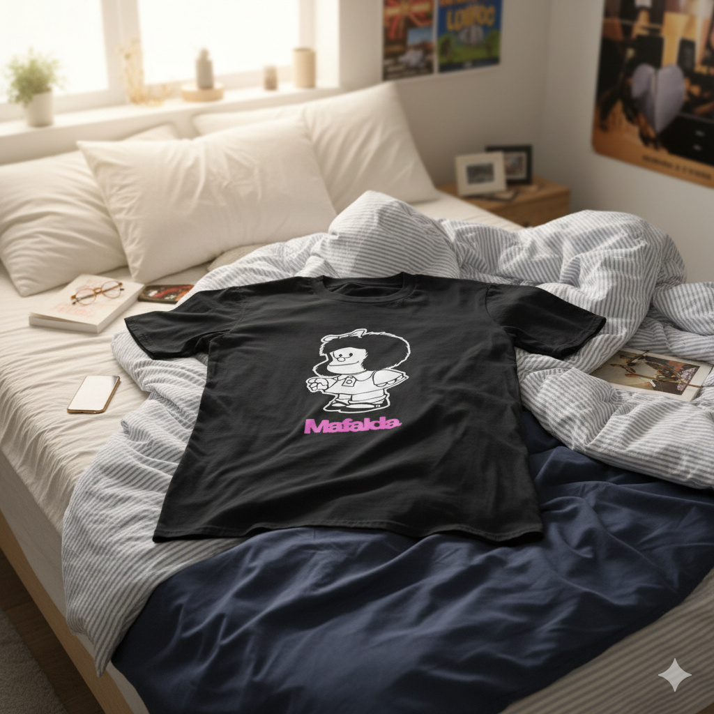 Polera Negra Mafalda en rosado Estampada 100% Algodón Estilo Vintage-6