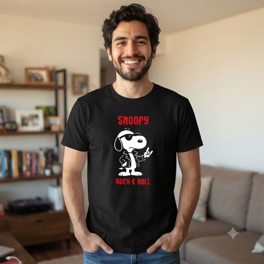 Polera Negra Snoopy Rock And Roll Estampada 100% Algodón Estilo Rock-2
