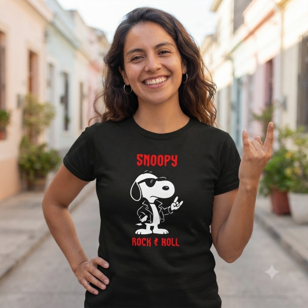 Polera Negra Snoopy Rock And Roll Estampada 100% Algodón Estilo Rock-3