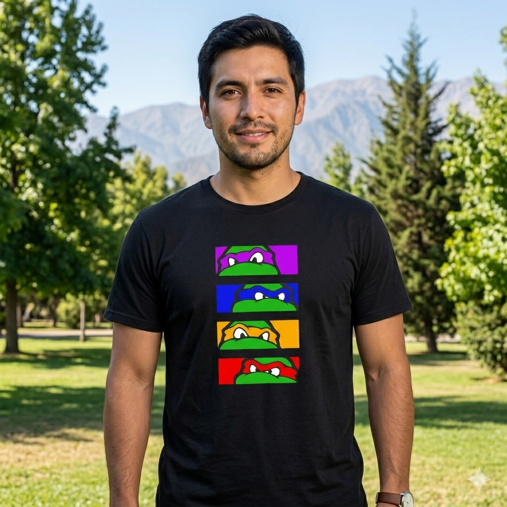 Polera Negra Tortugas Ninja Viñetas Estampada 100% Algodón Estilo Retro-2