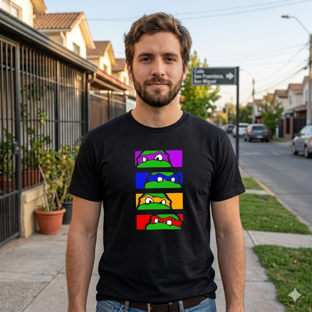 Polera Negra Tortugas Ninja Viñetas Estampada 100% Algodón Estilo Retro-4