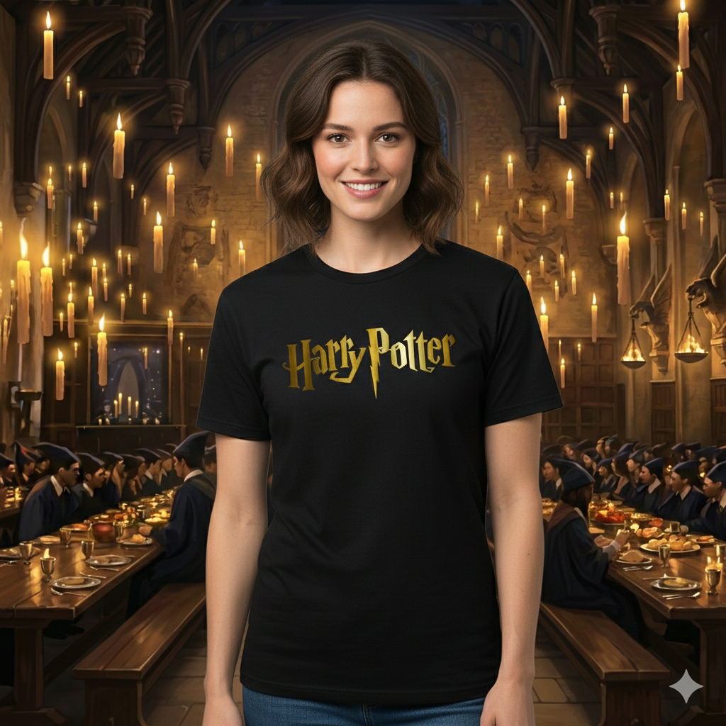 Polera Negra Harry Potter Logo en Dorado Estampada 100% Algodón Estilo Películas-2