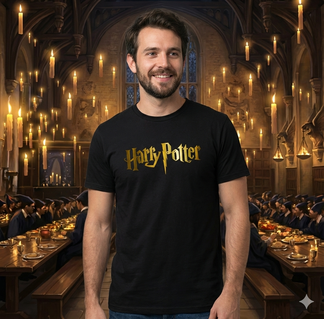 Polera Negra Harry Potter Logo en Dorado Estampada 100% Algodón Estilo Películas-3