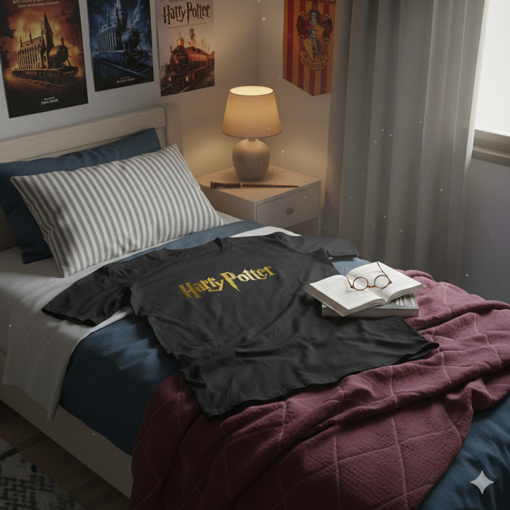 Polera Negra Harry Potter Logo en Dorado Estampada 100% Algodón Estilo Películas-5