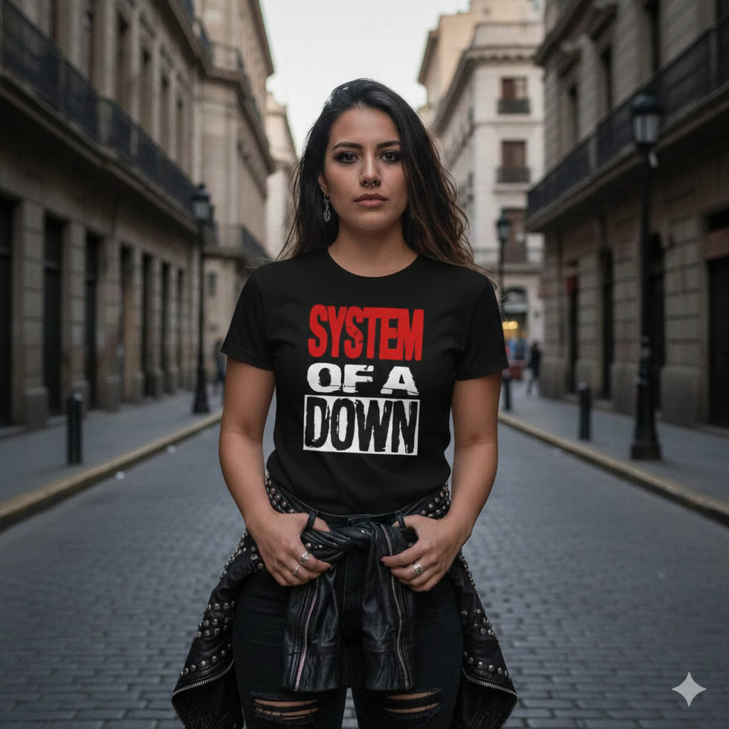 Polera Negra System of a Down Estampada 100% Algodón Estilo Rock-3