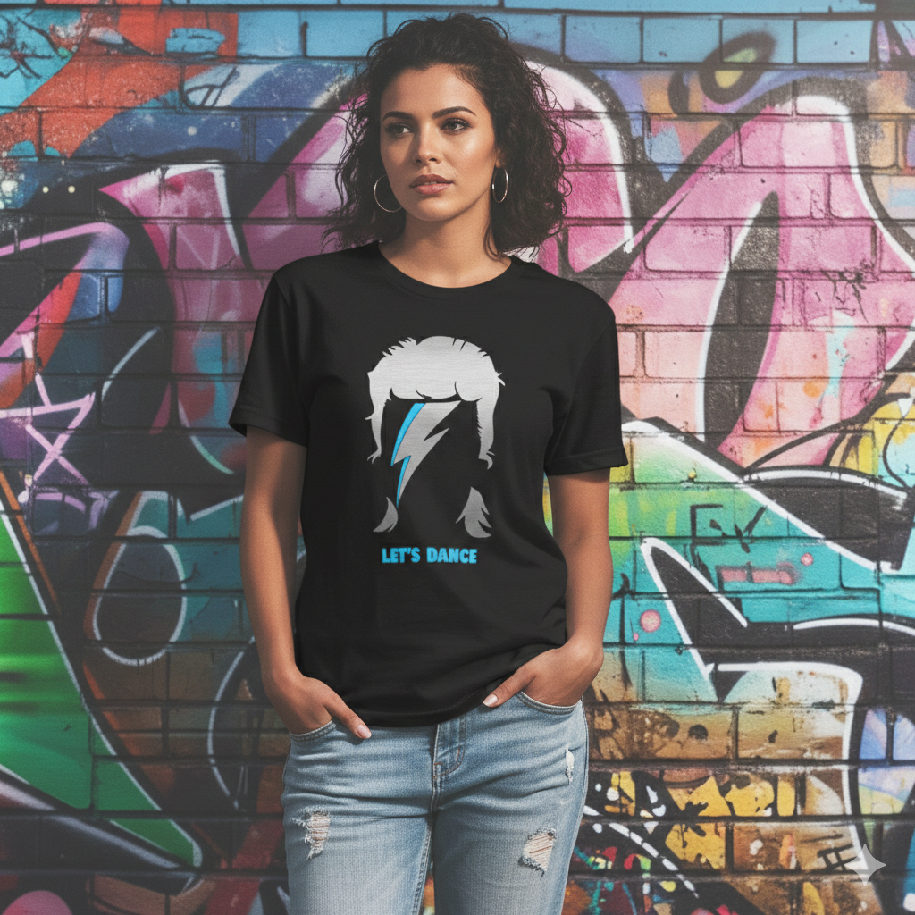 Polera Negra David Bowie en Plateado Estampada 100% Algodón Estilo-3