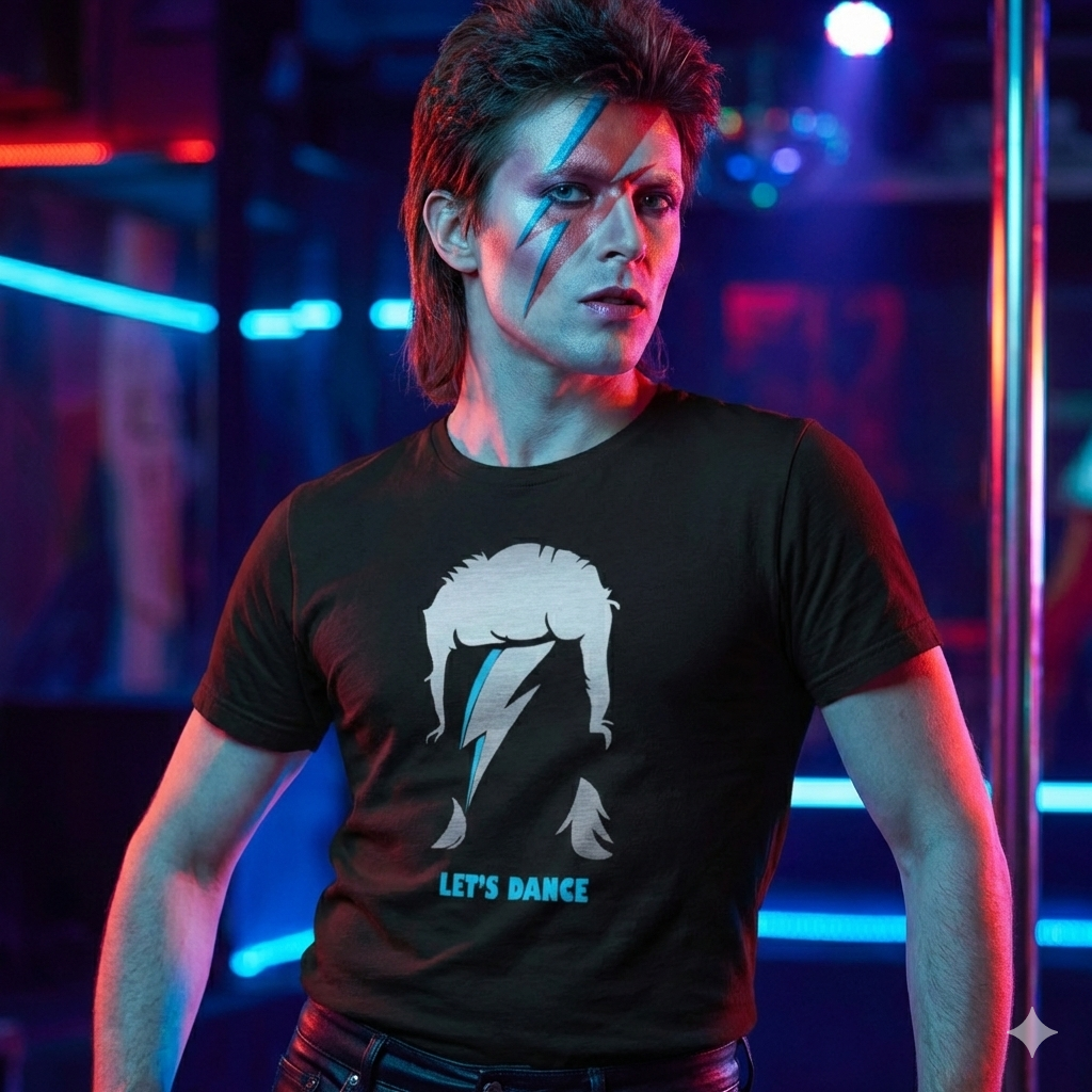 Polera Negra David Bowie en Plateado Estampada 100% Algodón Estilo-4