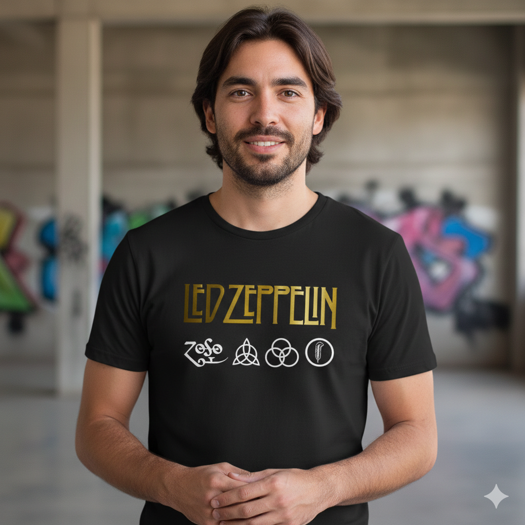 Polera Negra Led Zeppelin Símbolos en Dorado Estampada 100% Algodón Estilo Rock-2