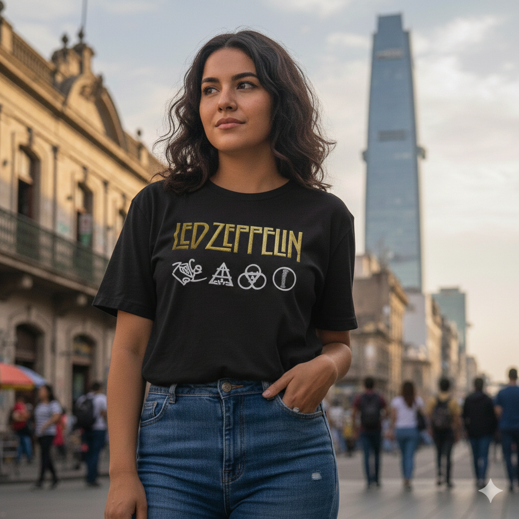 Polera Negra Led Zeppelin Símbolos en Dorado Estampada 100% Algodón Estilo Rock-3