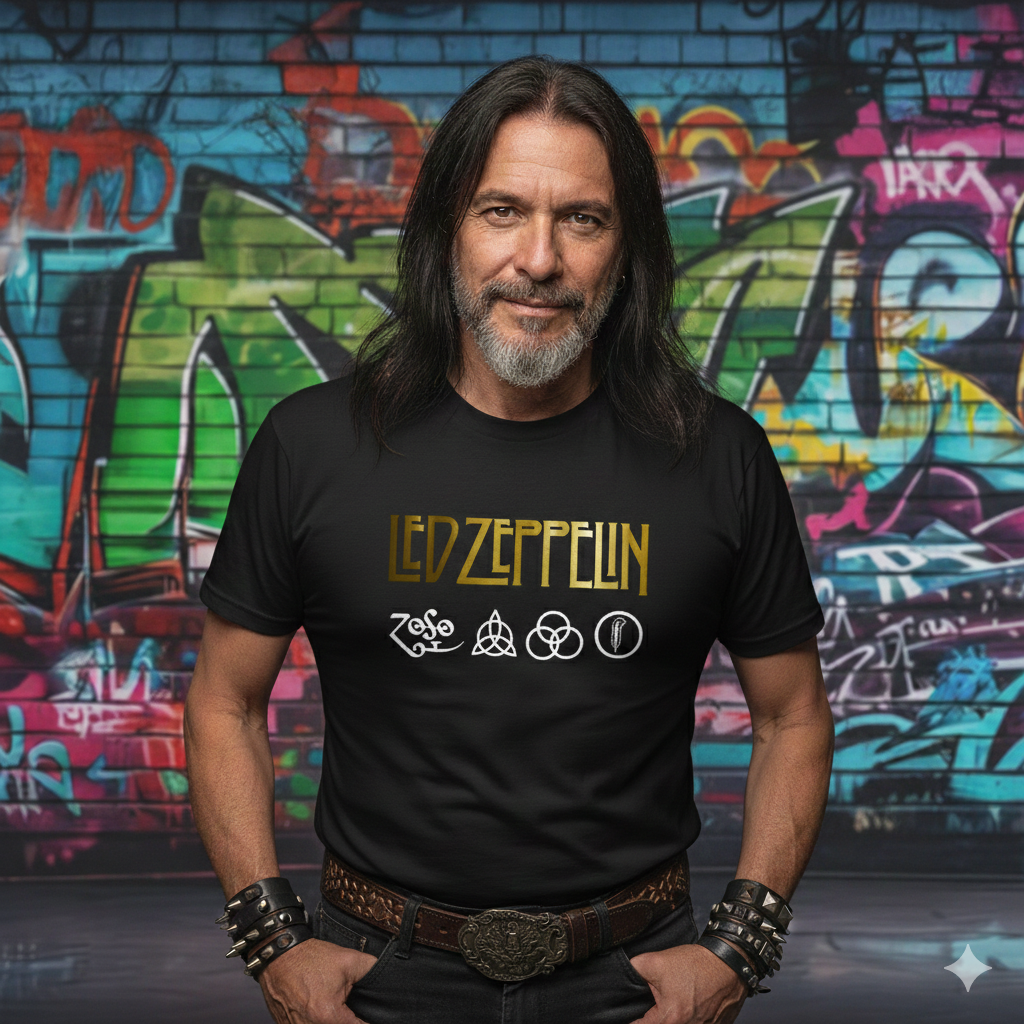 Polera Negra Led Zeppelin Símbolos en Dorado Estampada 100% Algodón Estilo Rock-4