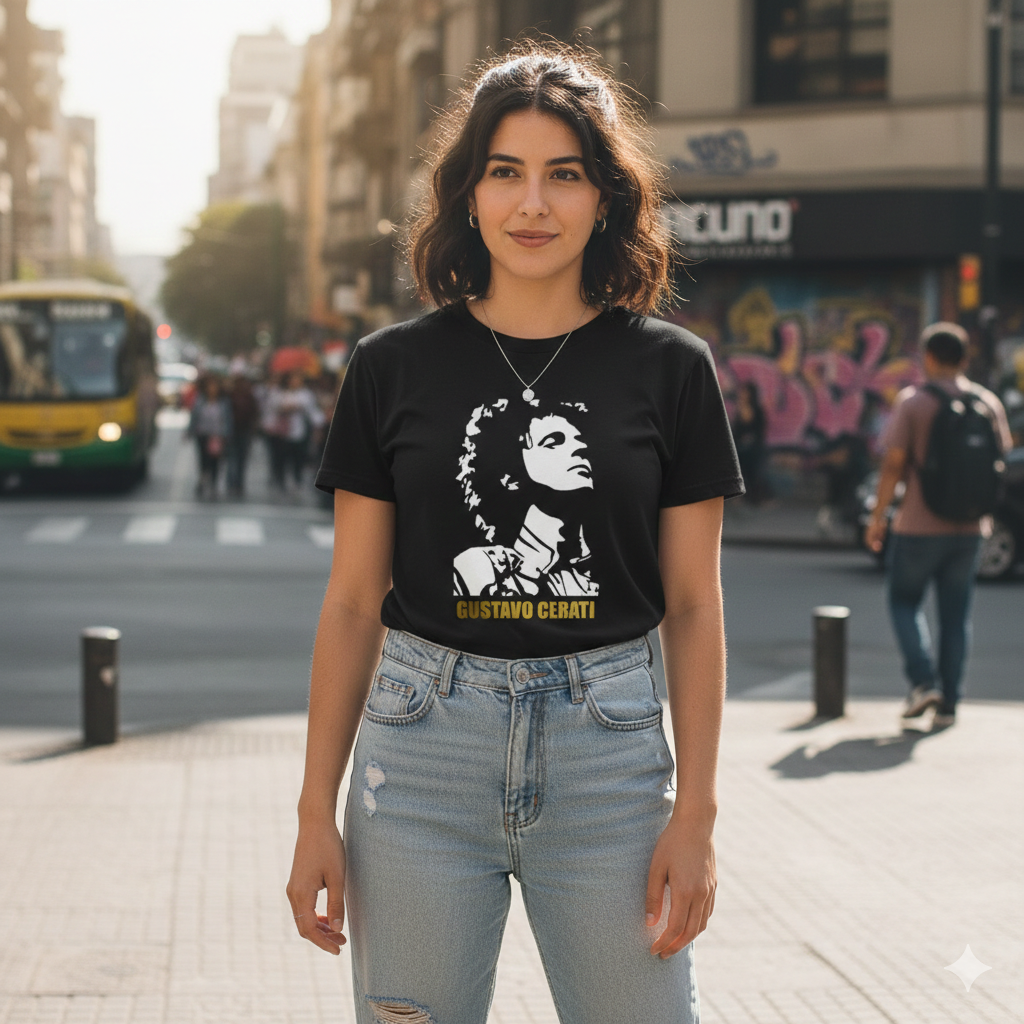 Polera Negra Gustavo Cerati Dorado Estampada 100% Algodón Estilo Rock-3