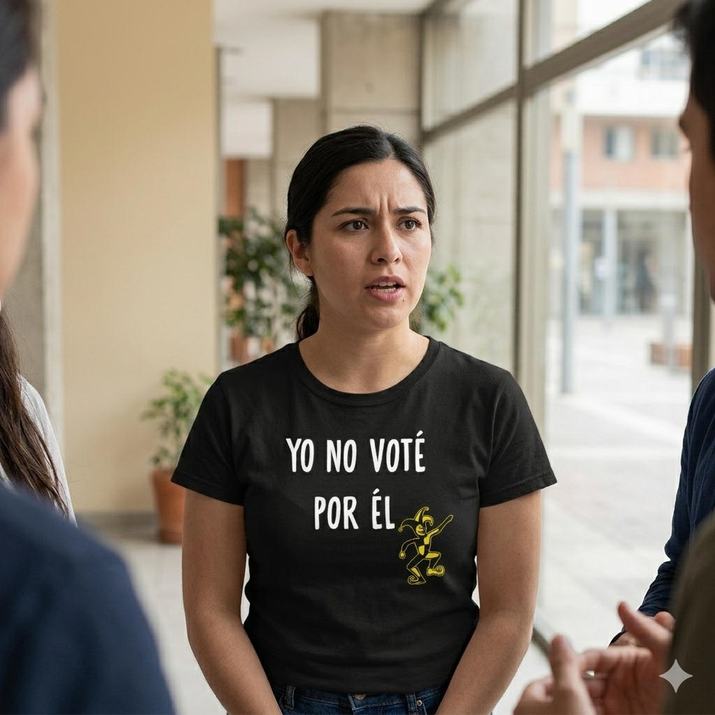 Polera Negra  para Mujer Yo No Voté Por Él Estampada bufón amarillo 100% Algodón Estilo-3