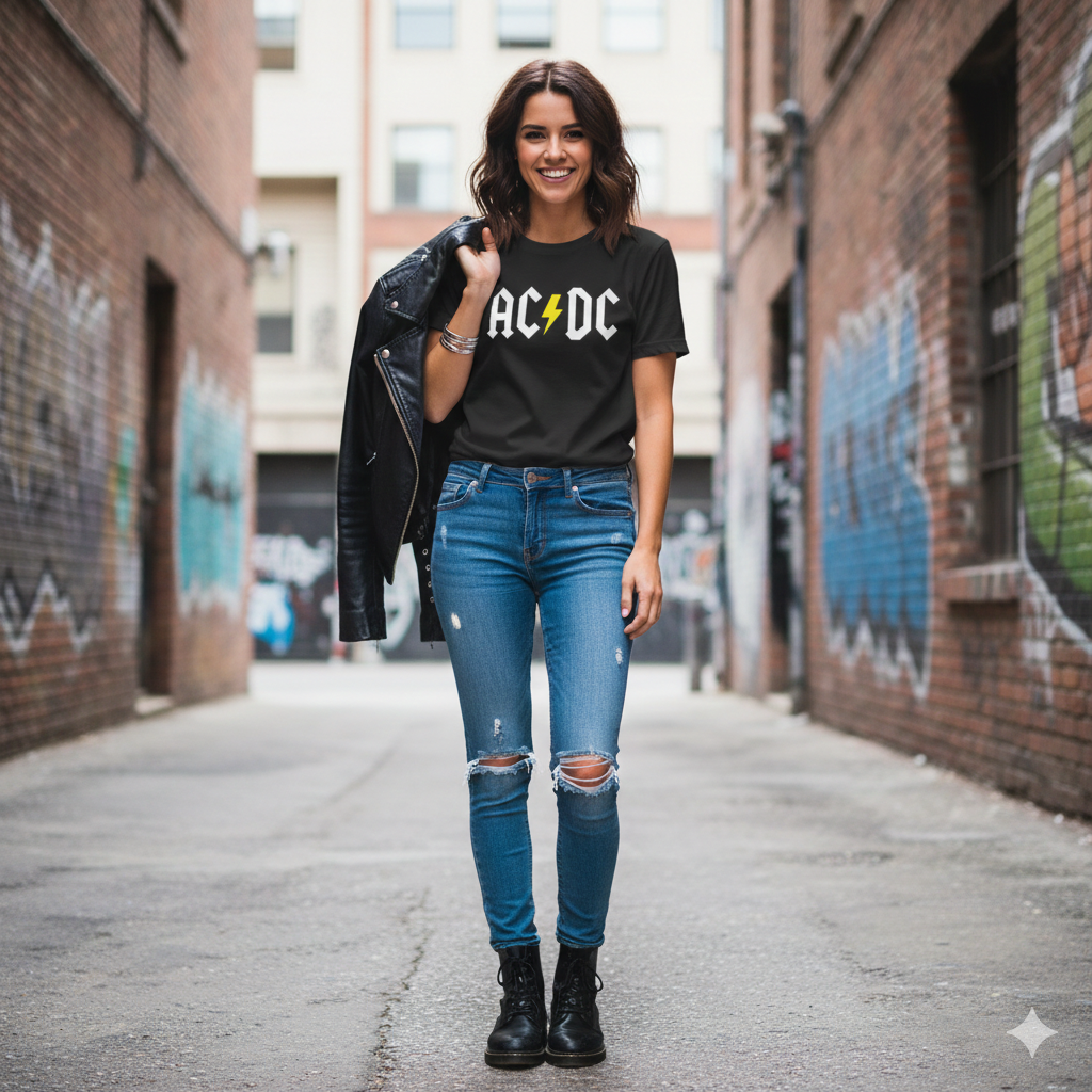 Polera Negra AC-DC Rayo Amarillo Estampada 100% Algodón estilo Rock-3