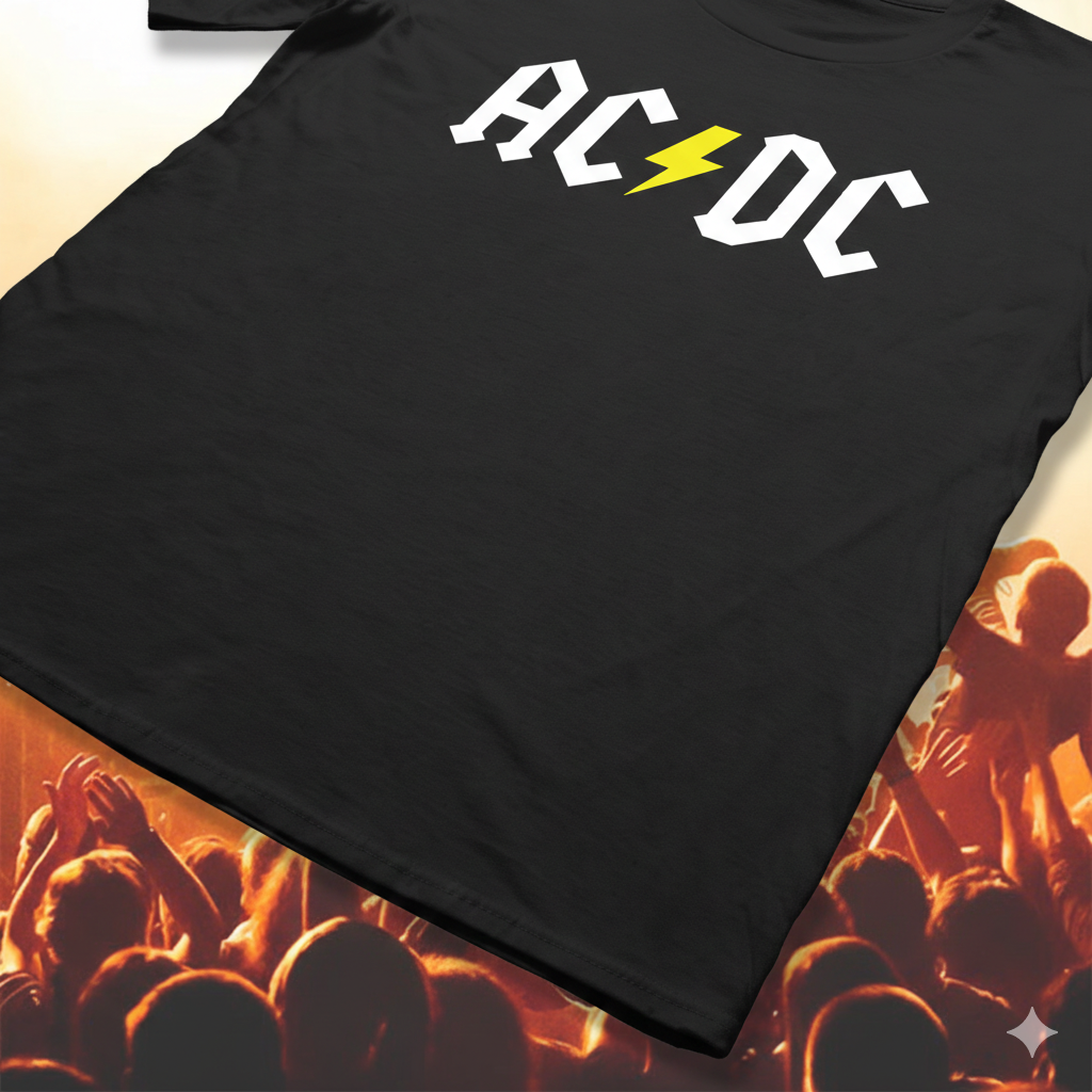 Polera Negra AC-DC Rayo Amarillo Estampada 100% Algodón estilo Rock-5