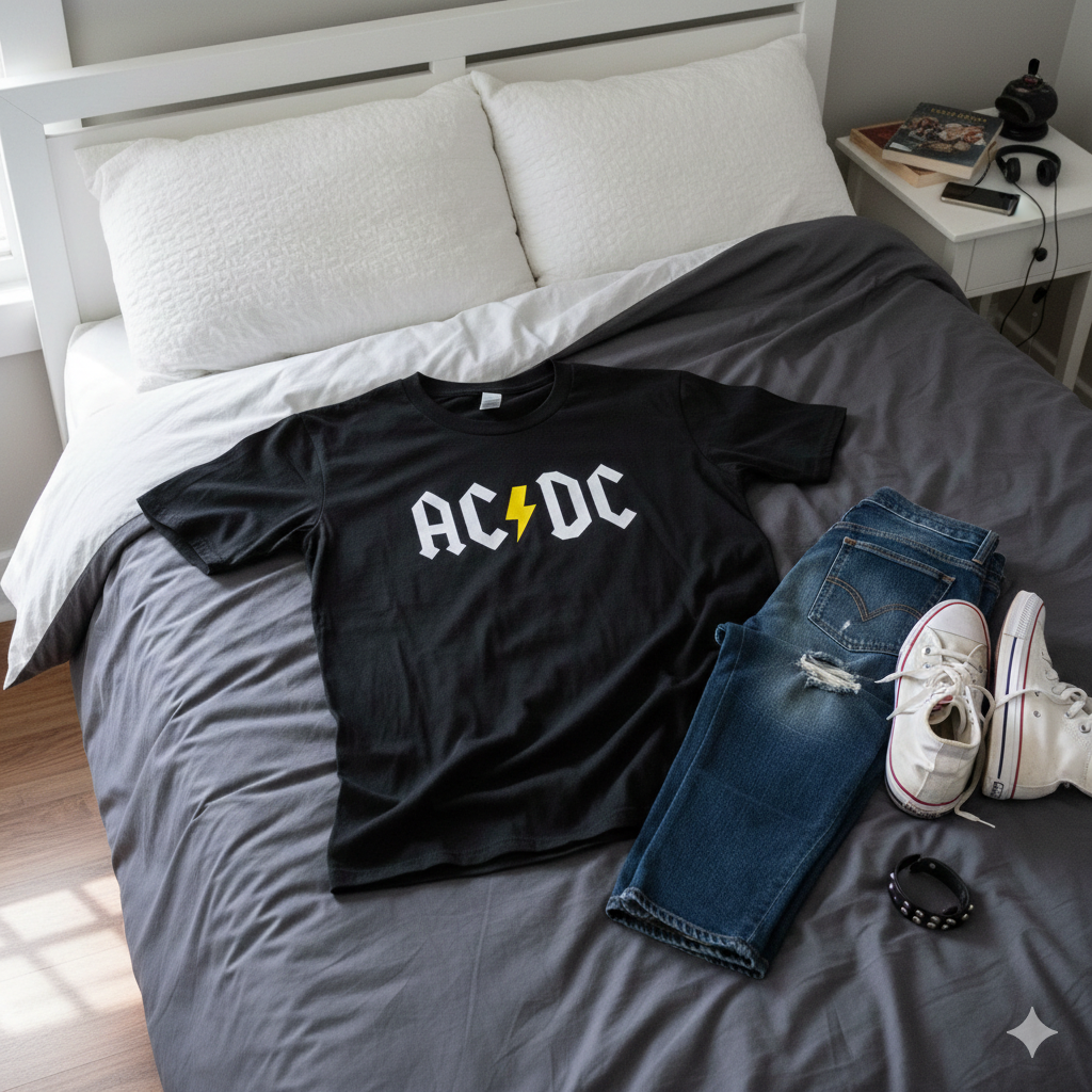 Polera Negra AC-DC Rayo Amarillo Estampada 100% Algodón estilo Rock-6