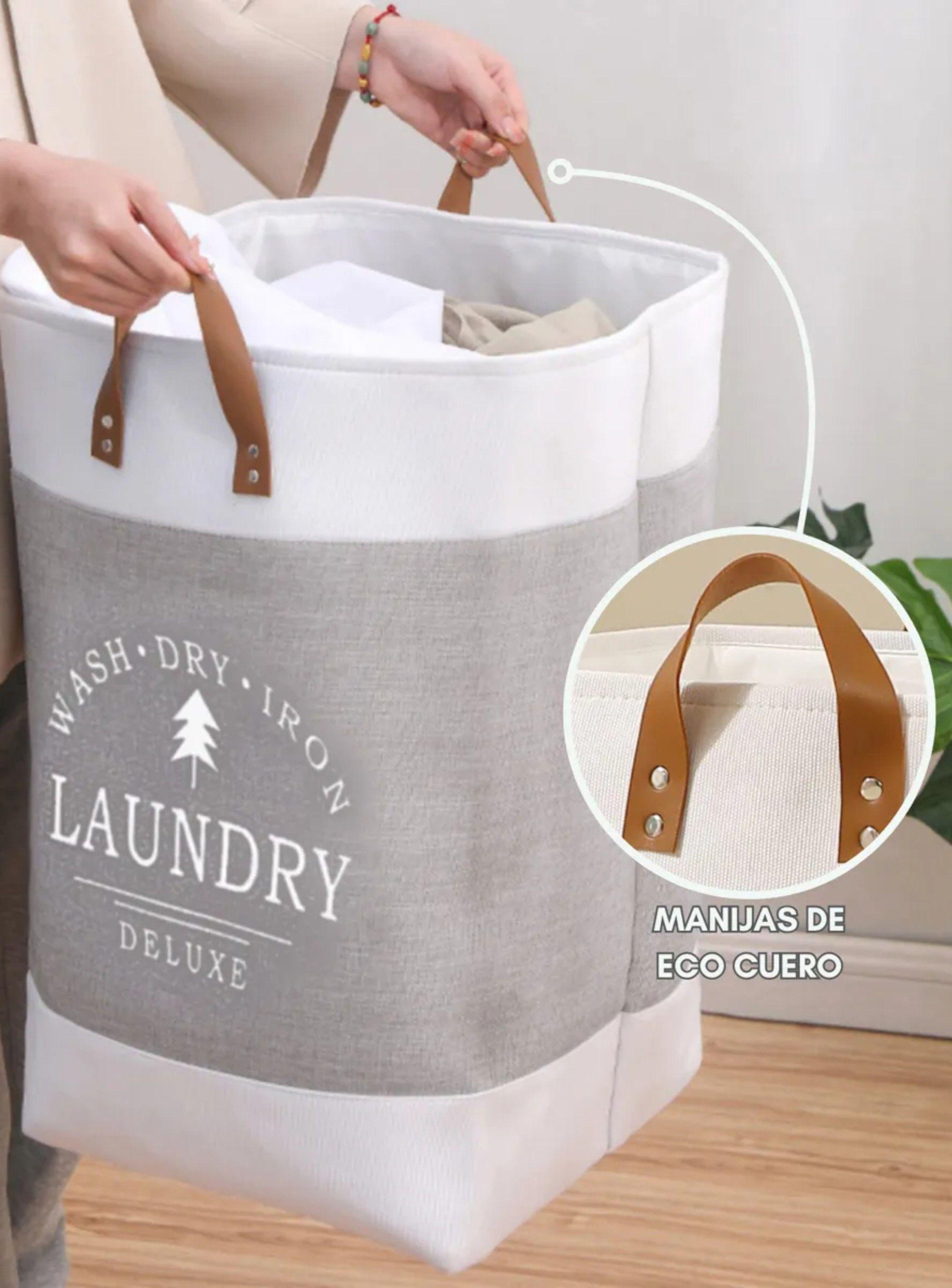 Cesta Canasto para ropa sucia Diseño Deluxe con asas de cuero Gris-3