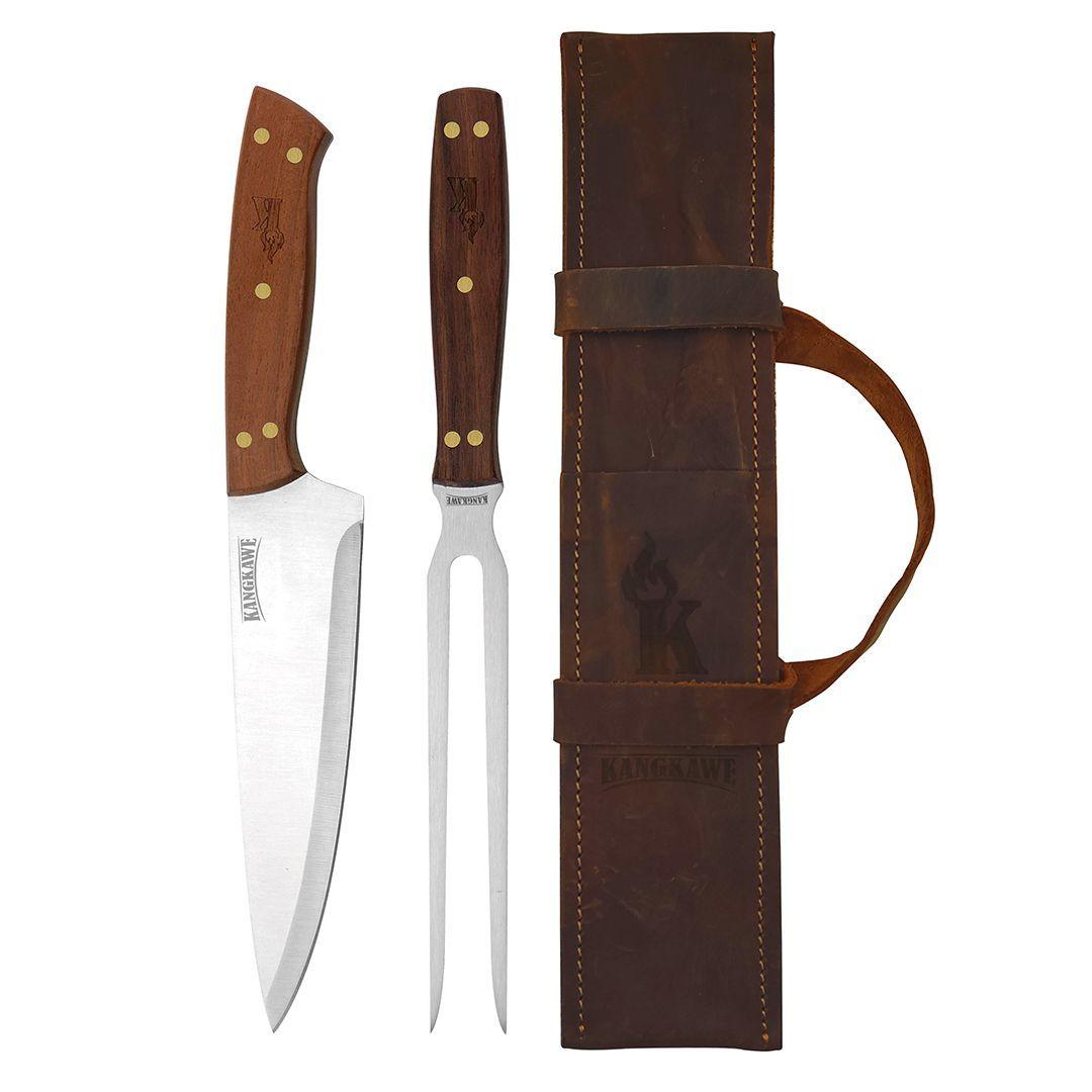 SET PARRILLERO: PINCHO+ CUCHILLO CON FUNDA ESTUCHE DE CUERO CAFÉ RUSTICO-1