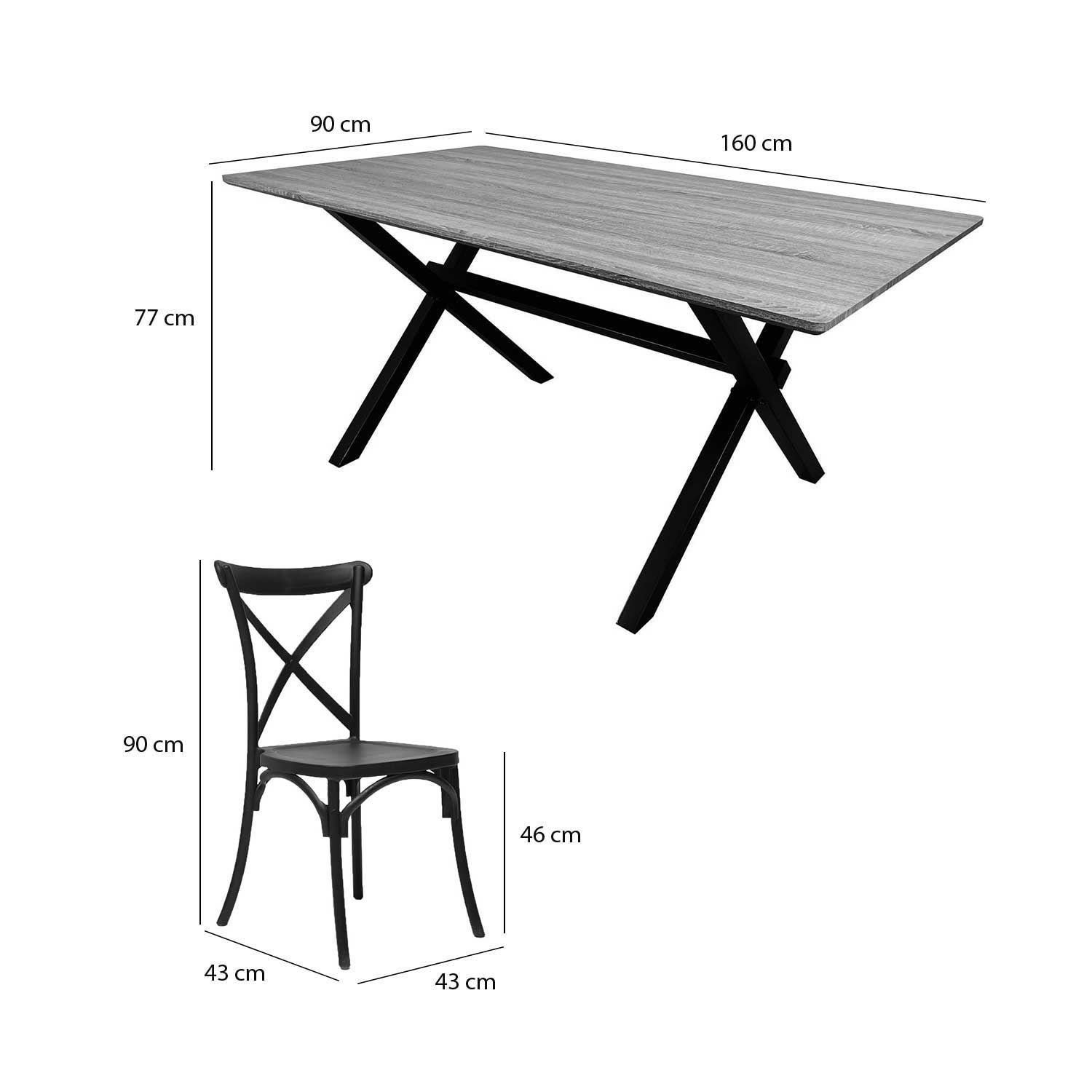 Juego de comedor Vermont 4 sillas crossback negras 160 x 90 x 77 cm-2