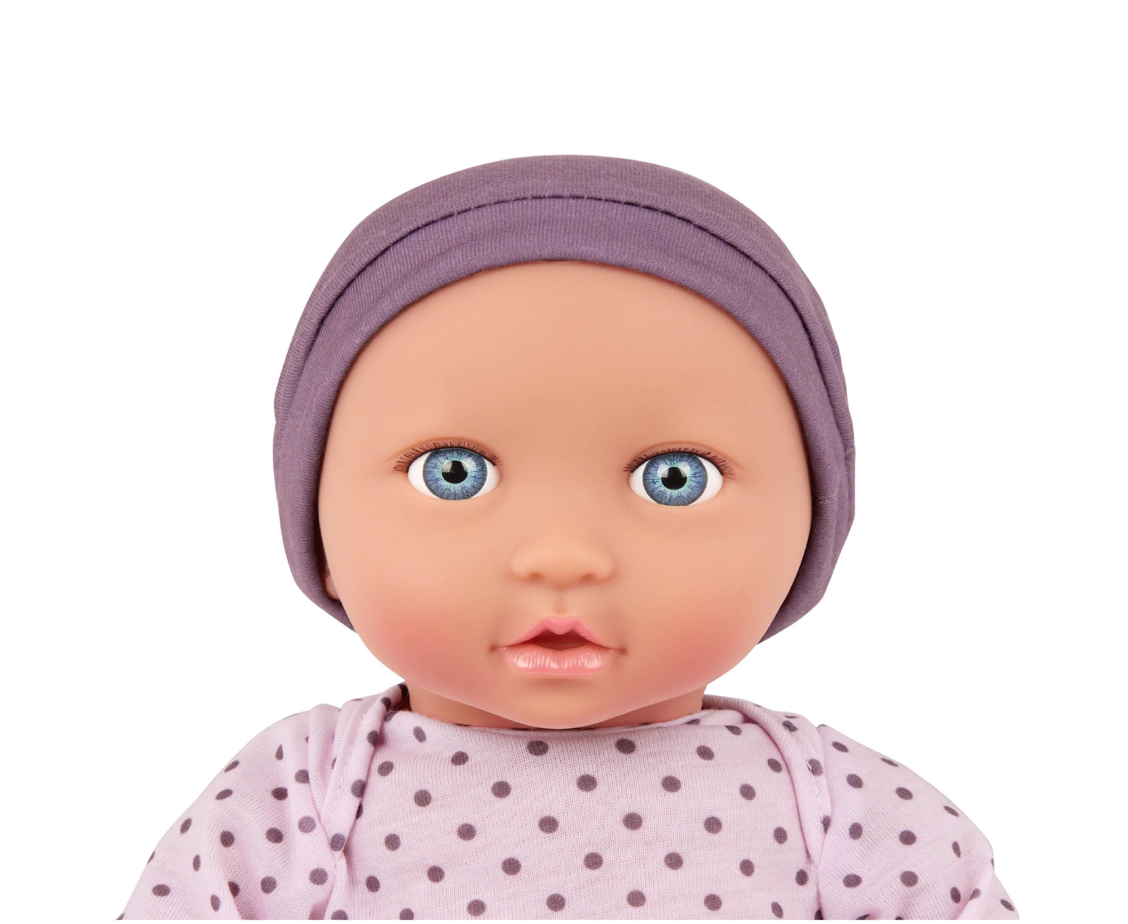Muñeca con pijamas morado de puntos y gorro-2