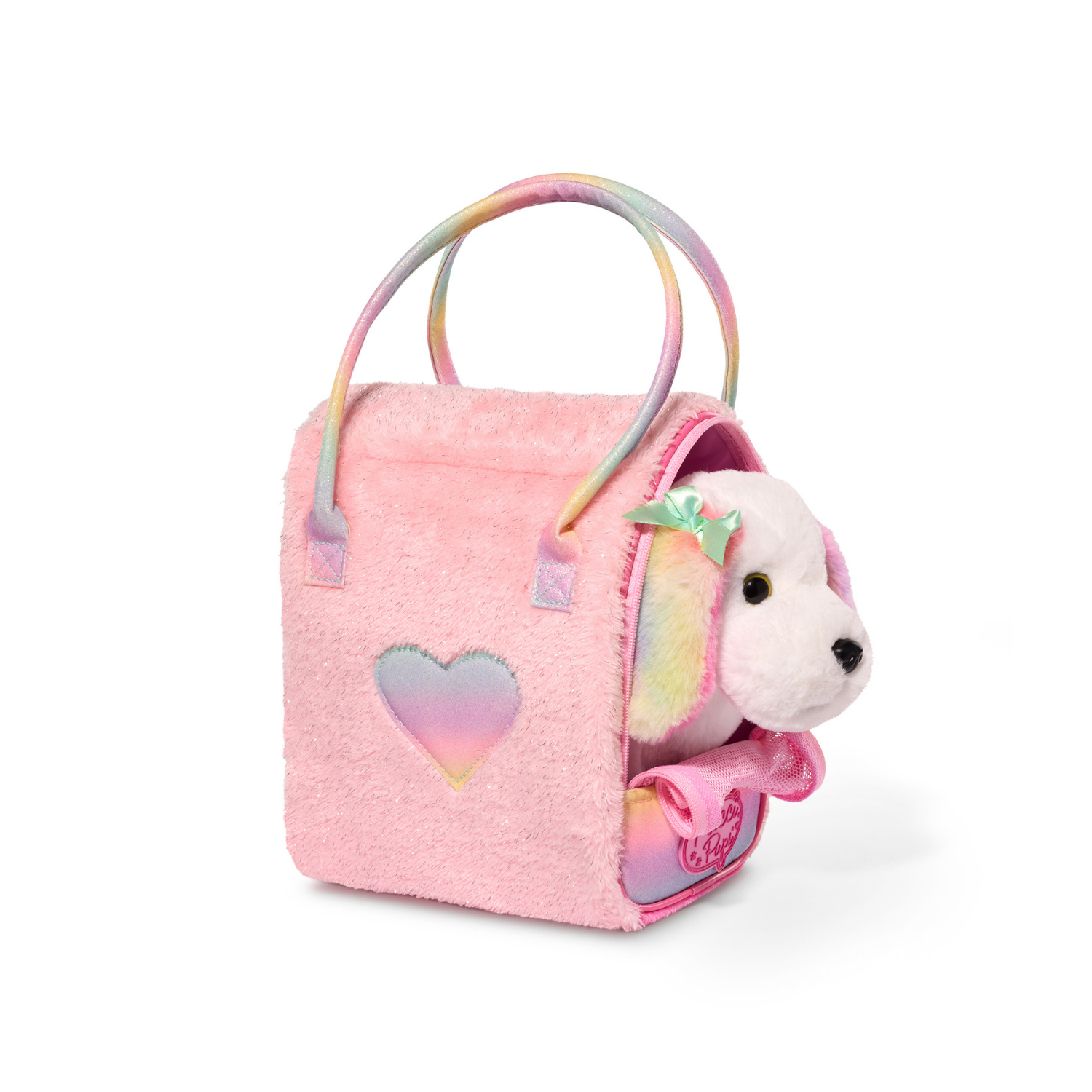 Perrito maltés multicolor en bolso brillante rosa-2