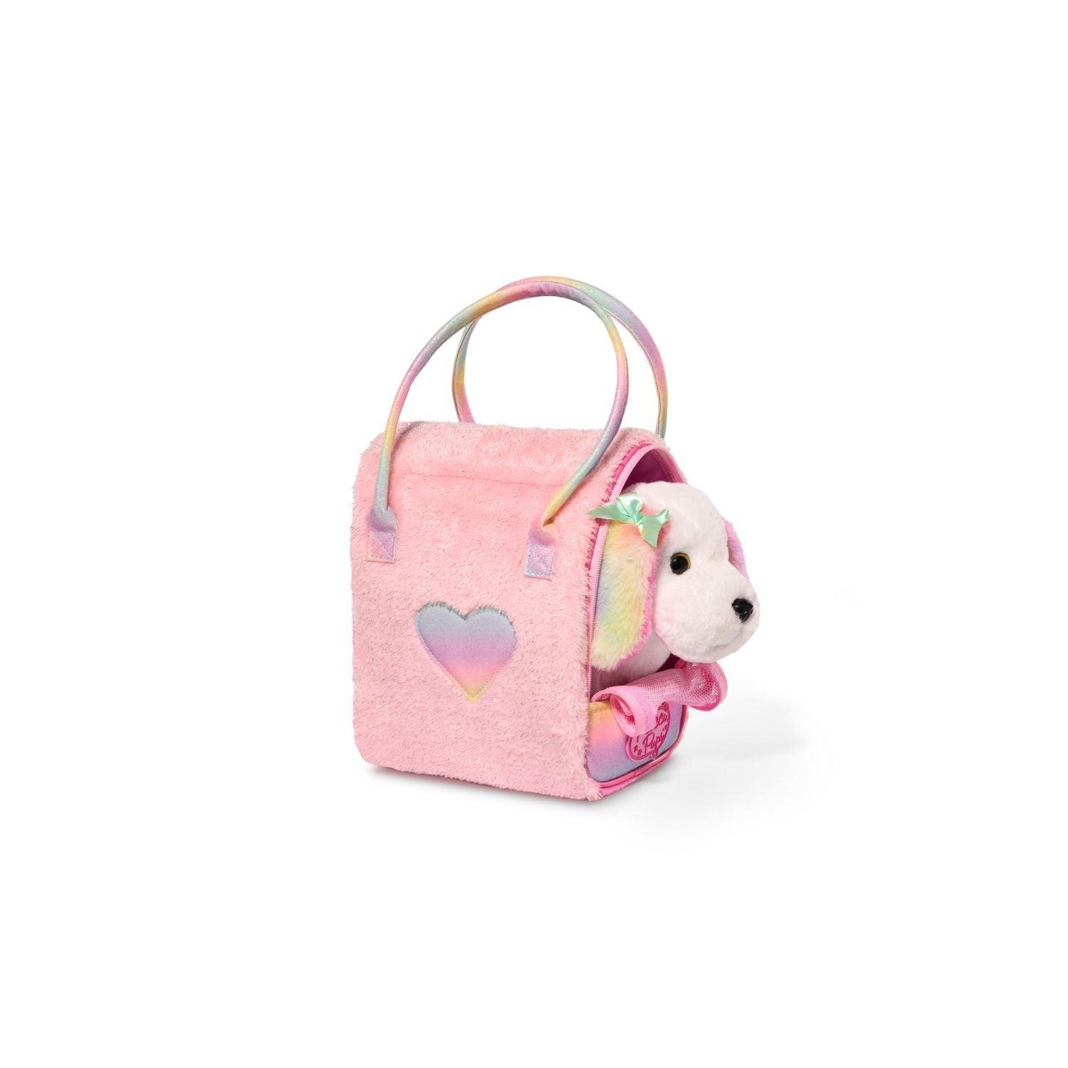 Perrito maltés multicolor en bolso brillante rosa-2