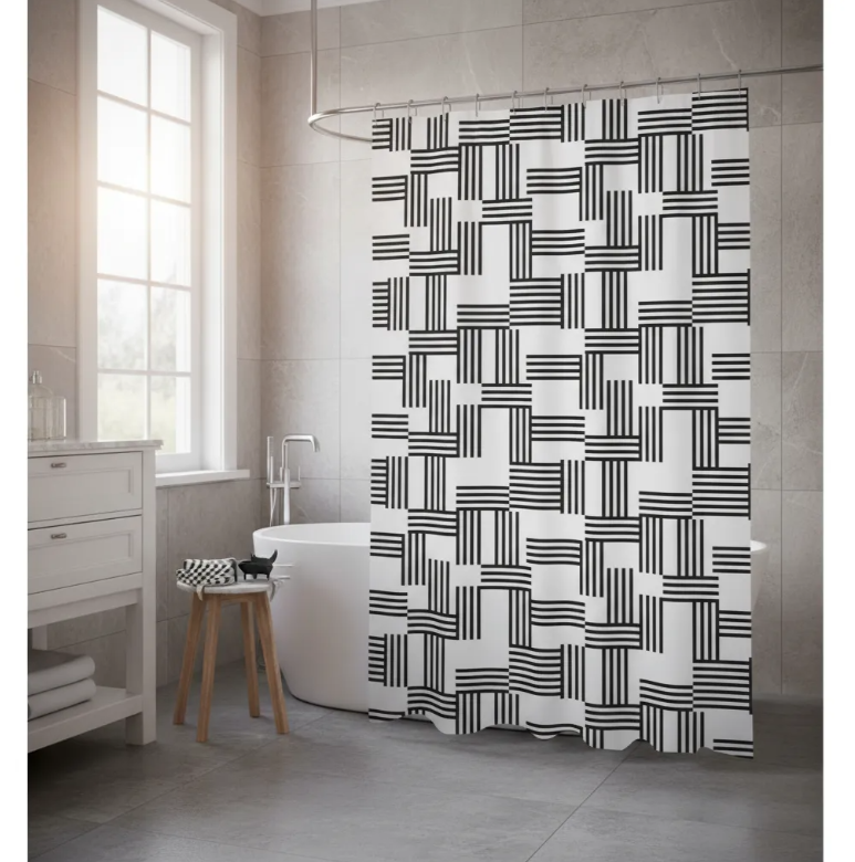 Cortina De Baño Geometrica Blanco Y Negro 180x180cm-2