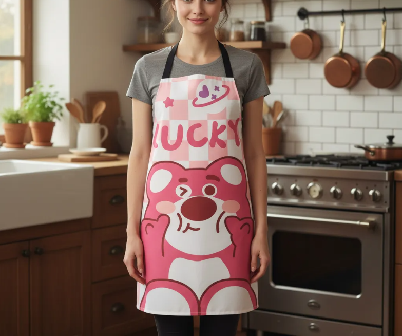 Delantal De Cocina Dise o Oso Rosa Lucky Kawaii Impermeable-3