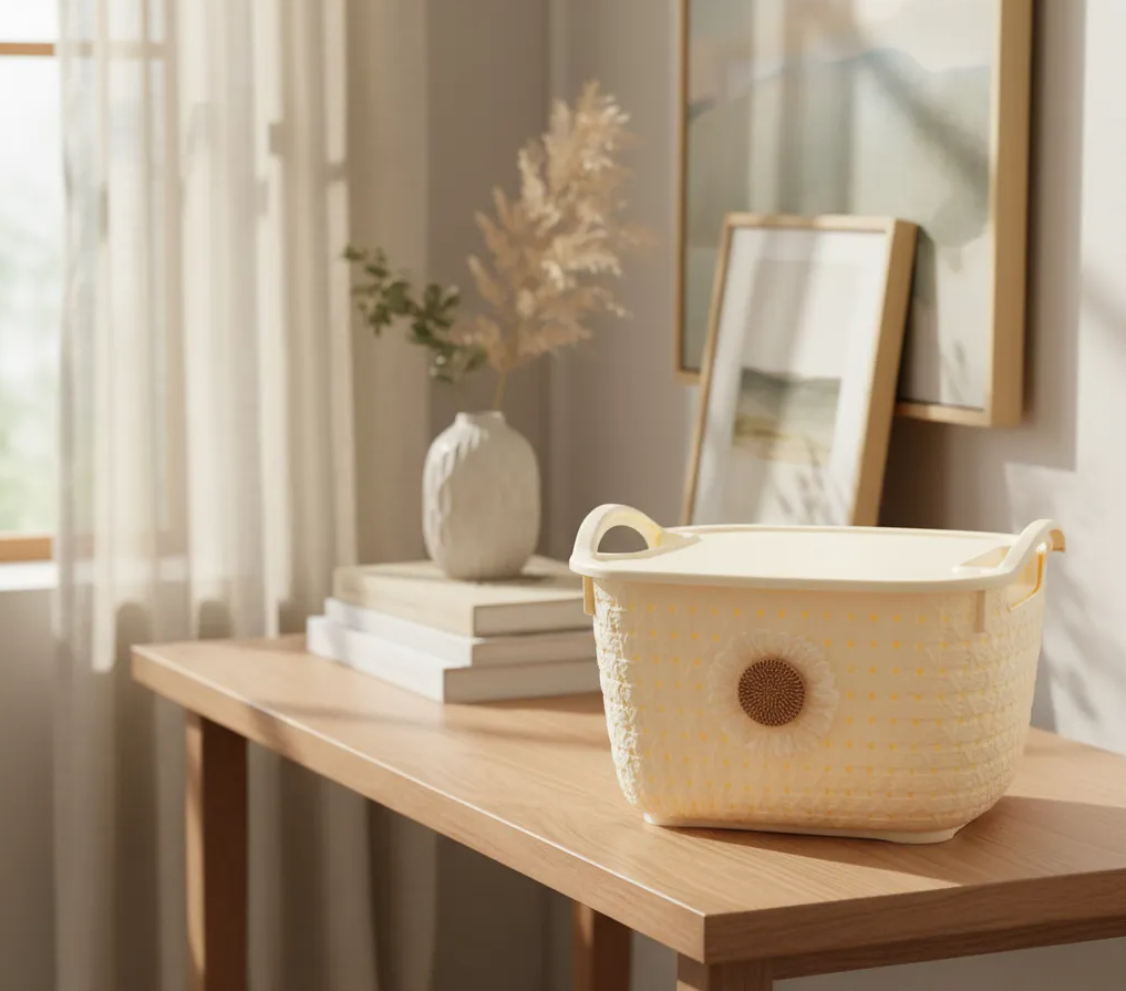 Canasto Organizador Plástico Con Tapa Y Asas Diseño Girasol-2