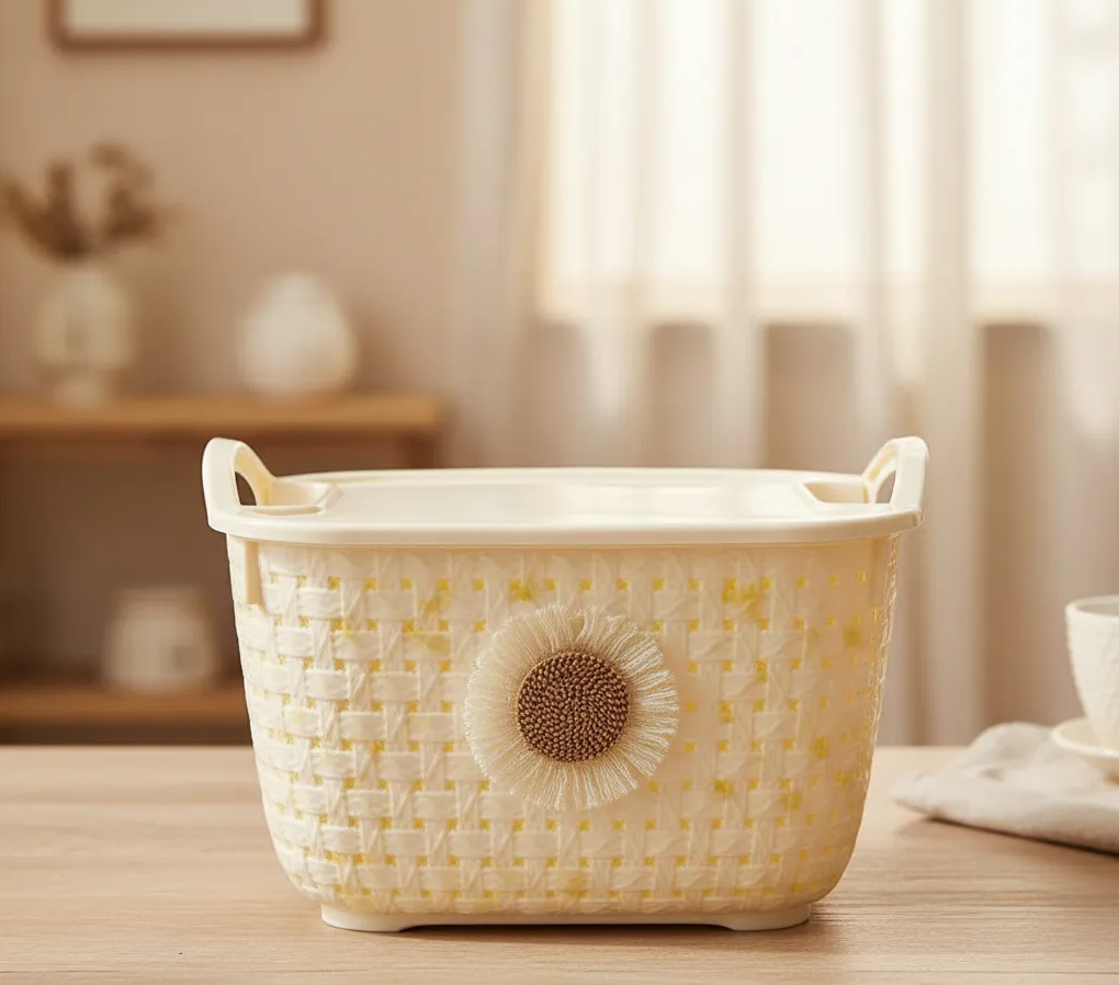 Canasto Organizador Plástico Con Tapa Y Asas Diseño Girasol-4