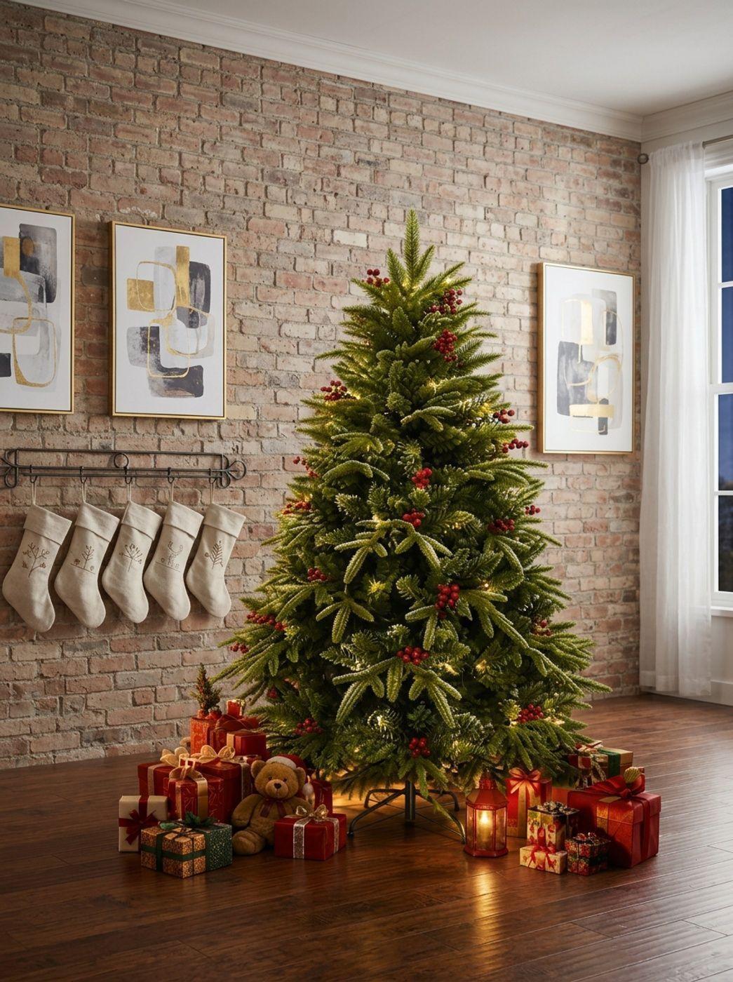 Árbol De Navidad Artificial Verde Con Bayas Rojas 150cm-1