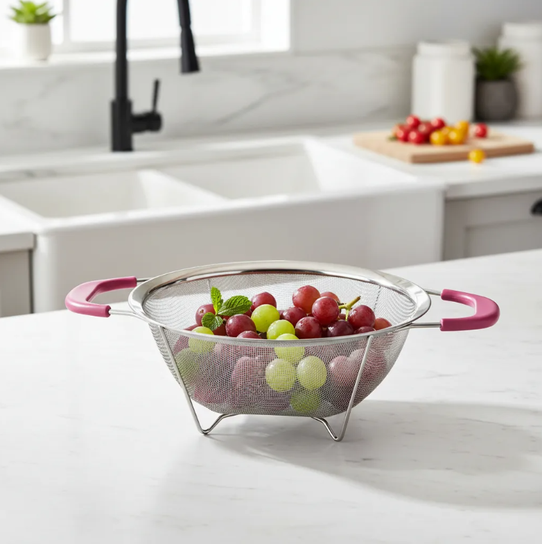 Colador De Acero Inoxidable Con Asas Rosadas 23cm-1