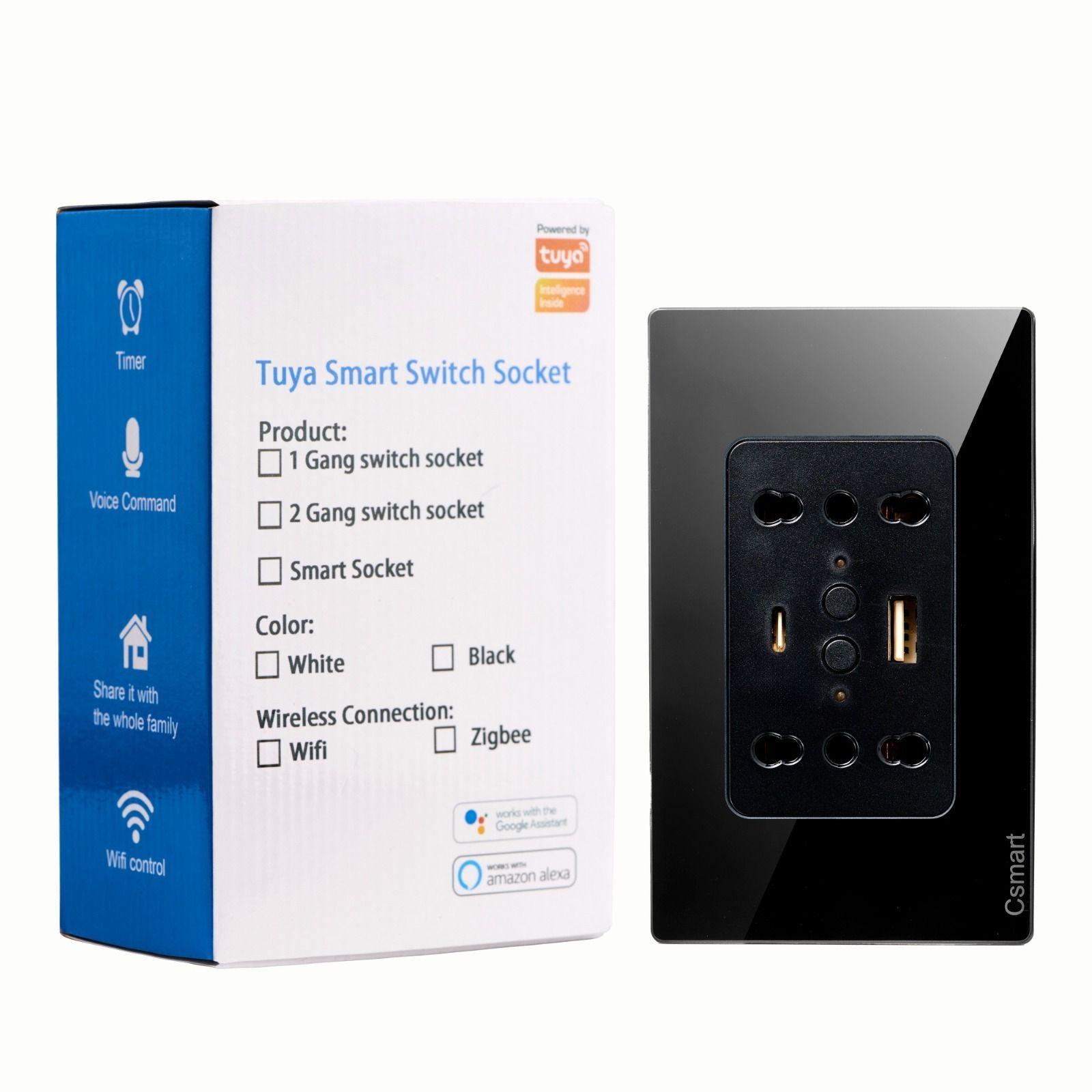 Enchufe Inteligente Wifi Doble + Usb Y Tipo C- Placa Vidrio Negro-0