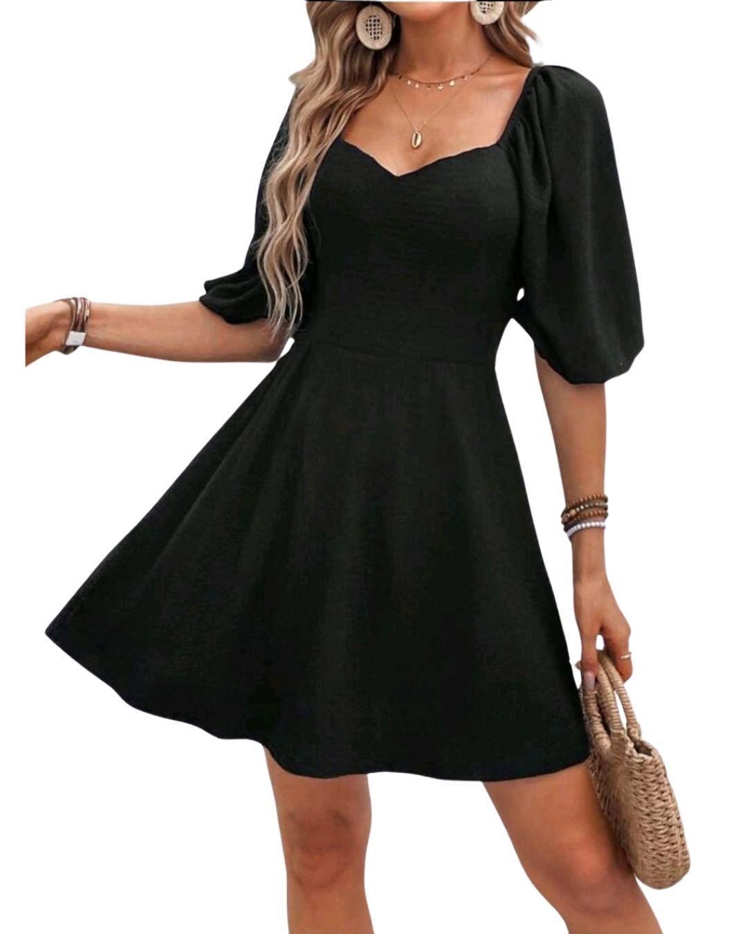 VESTIDO ACAMPANADO CORTO MANGA GLOBO IDEAL PARA FIESTA COCTEL BODA-0