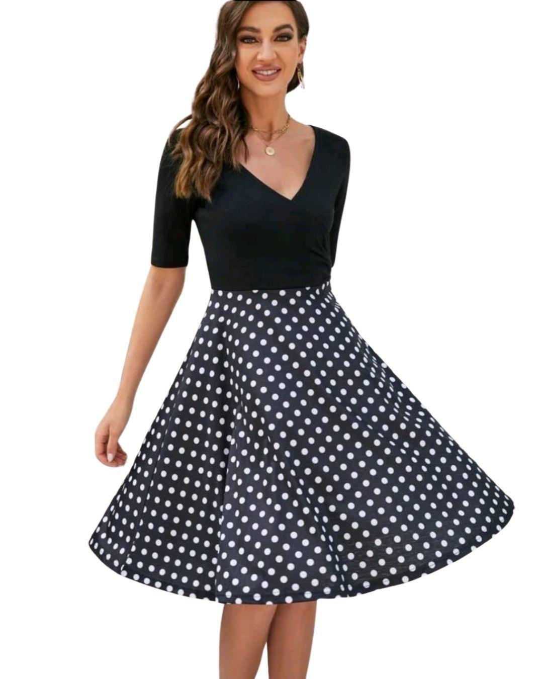 VESTIDO ACAMPANADO CASUAL MANGA 3/4 FALDA DE LUNARES IDEAL PARA FIESTA COCTEL BODA-0