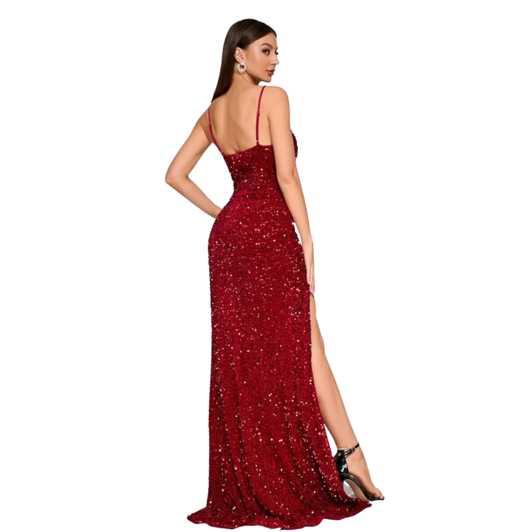 VESTIDO LARGO AJUSTADO CON ABERTURA BRILLANTE IDEAL PARA FIESTA GALA ML81-1