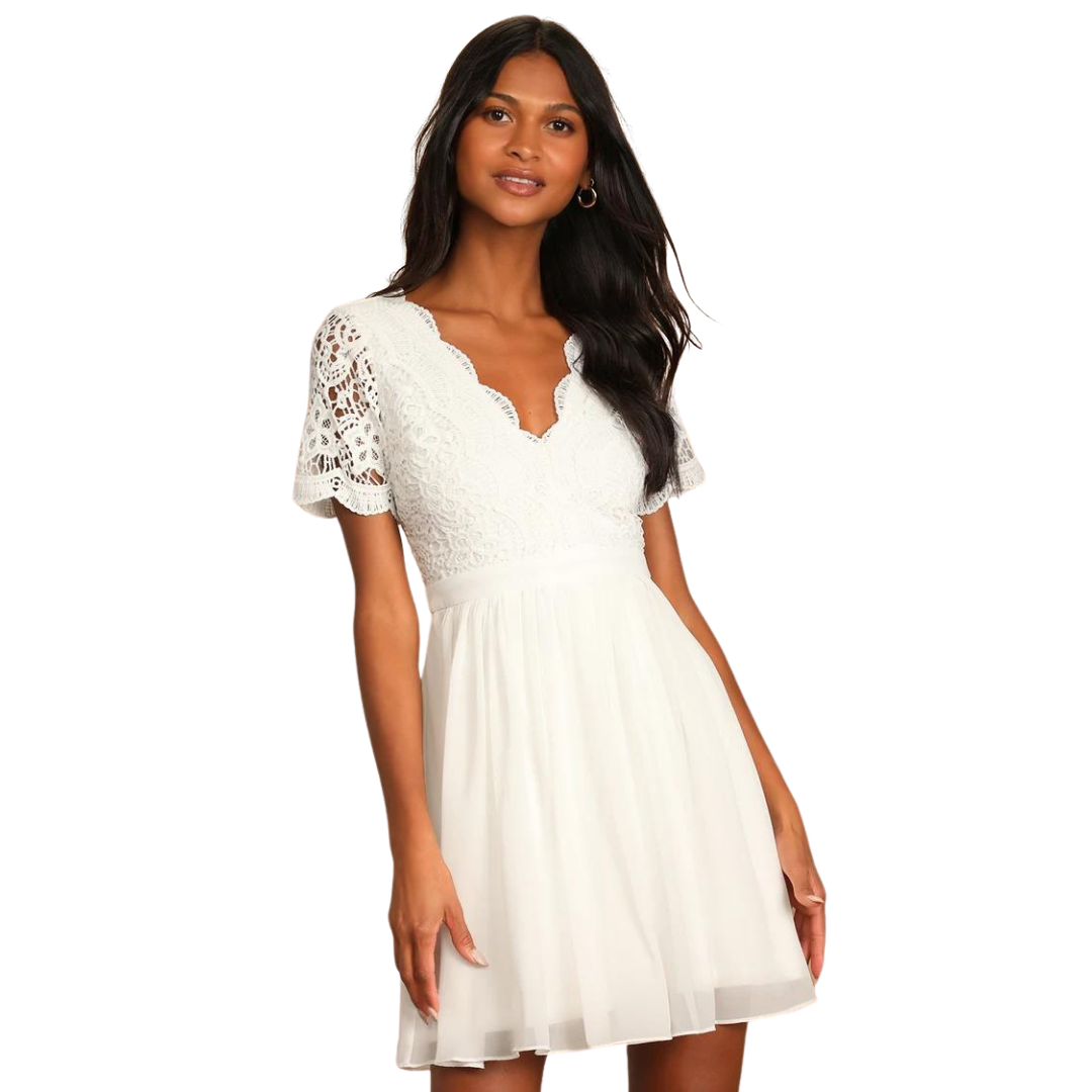 VESTIDO ACAMPANADO CORTO BLUSA DE ENCAJE ESCOTE CRUZADO IDEAL PARA BODA MATRIMONIO CIVIL-1