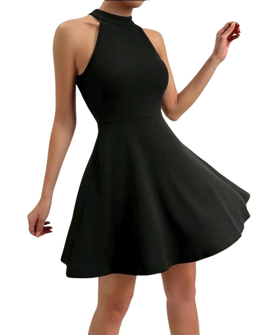 VESTIDO ACAMPANADO CUELLO ALTO SIN MANGAS IDEAL PARA FIESTA COCTEL GALA BODA-1