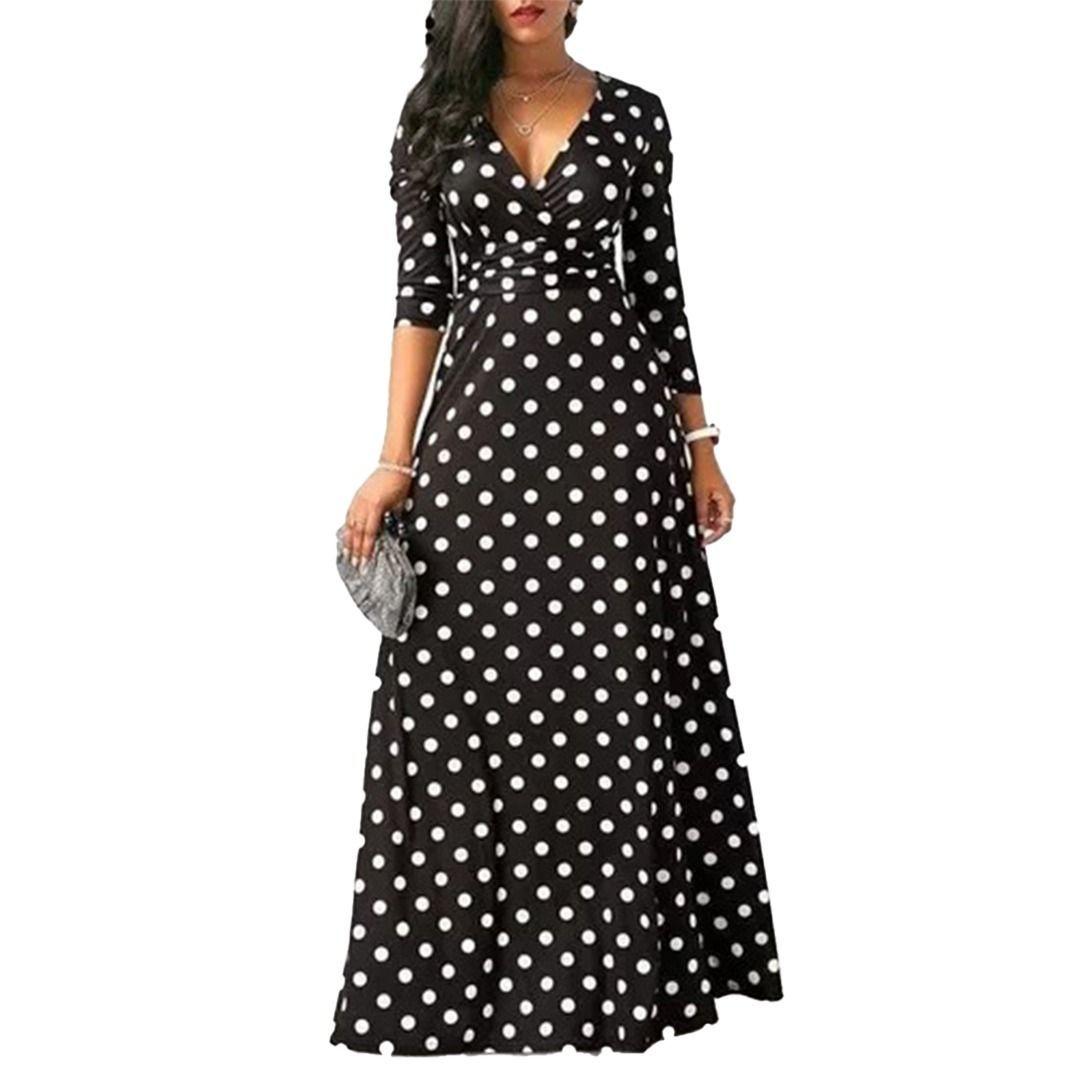 VESTIDO LARGO CRUZADO DE LUNARES MANGA 3/4 TALLAS PLUS KADRIHEL -0