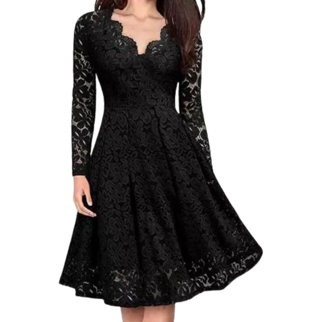 VESTIDO ACAMPANADO DE ENCAJE IDEAL PARA FIESTA GALA COCTEL TALLAS PLUS KADRIHEL-0