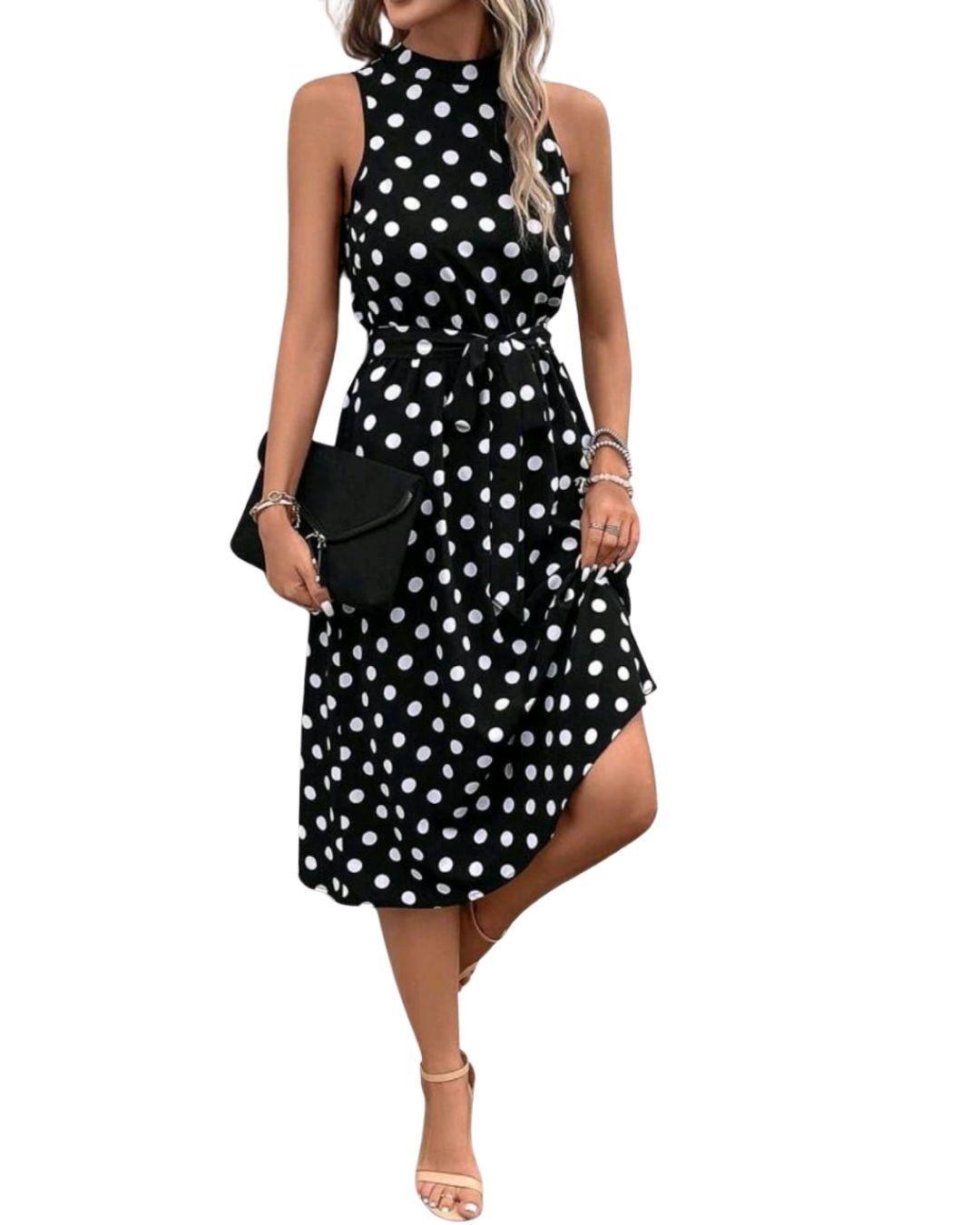 VESTIDO DE LUNARES CASUAL CUELLO ALTO IDEAL PARA FIESTA GALA COCTEL BODA-0