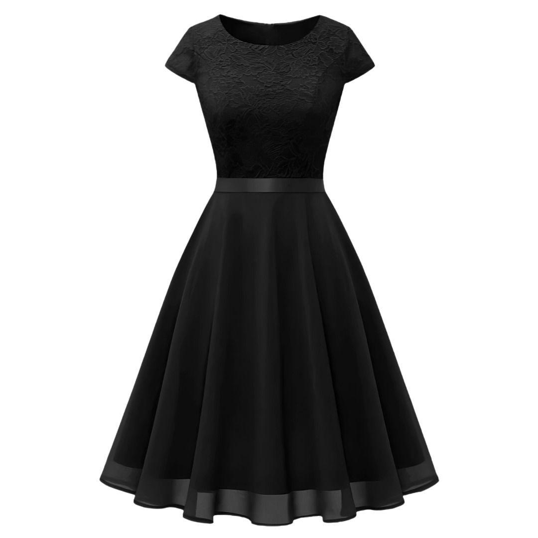 VESTIDO ACAMPANADO BLUSA DE ENCAJE MANGA CORTA IDEAL PARA FIESTA GALA MATRIMONIO-0
