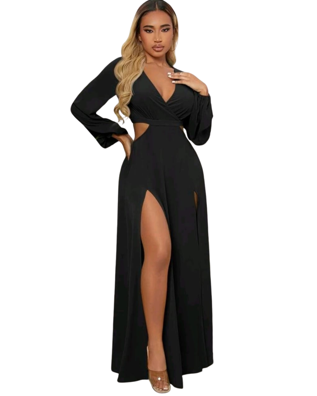 VESTIDO LARGO MANGA LARGA CON ABERTURA IDEAL PARA FIESTA COCTEL GRADUACION ML127-1