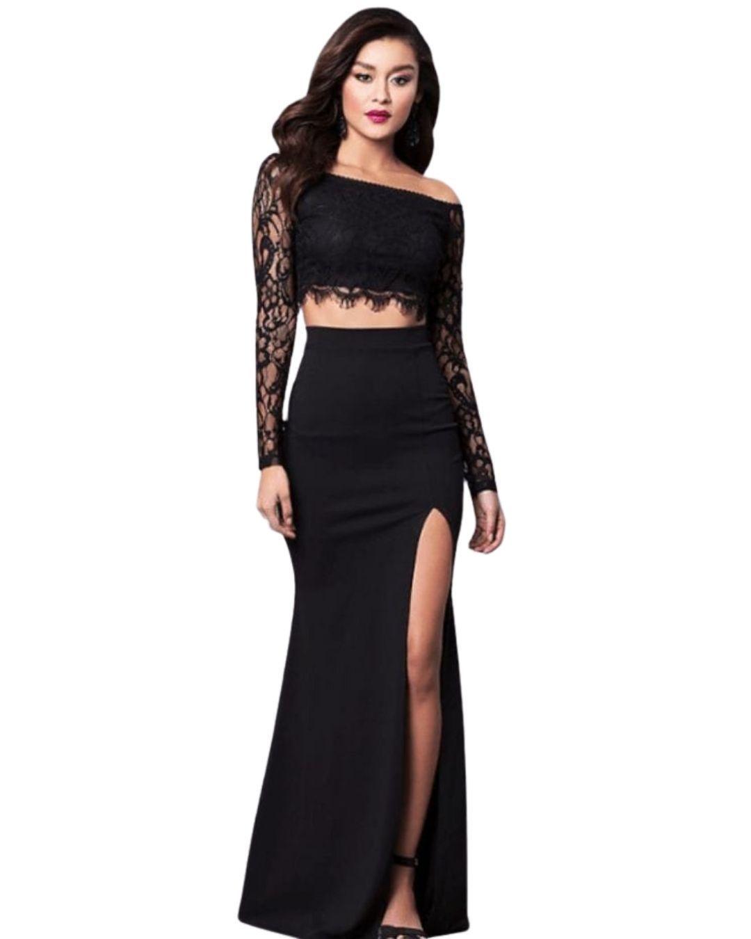 CONJUNTO DE FALDA Y CROP TOP DE ENCAJE IDEAL PARA FIESTA GALA COCTEL BODA-0