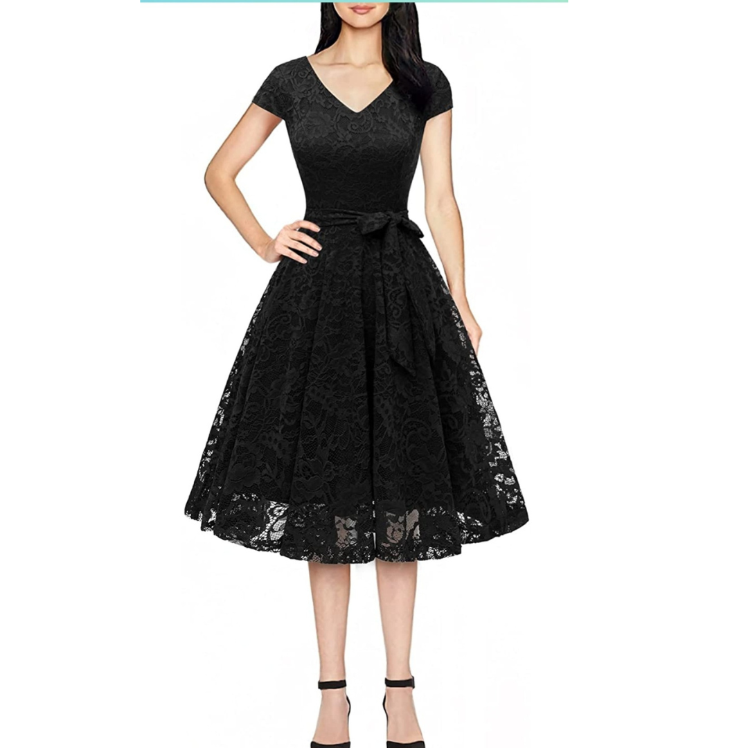 VESTIDO ACAMPANADO DE ENCAJE MINI MANGA IDEAL PARA FIESTA GALA MATRIMONIO-0