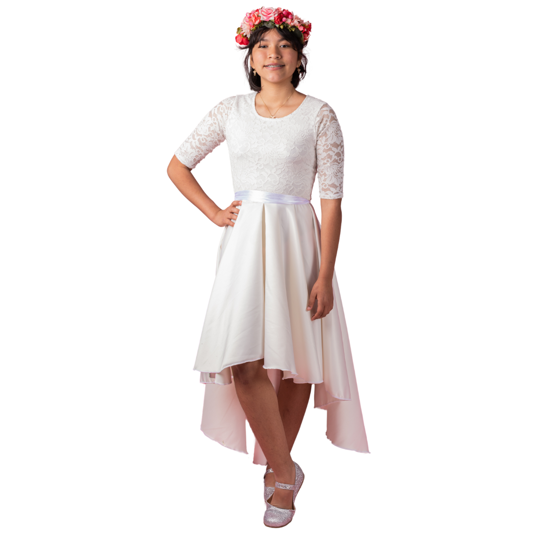 VESTIDO JUVENIL ASIMETRICO PRIMERA COMUNION N015-0