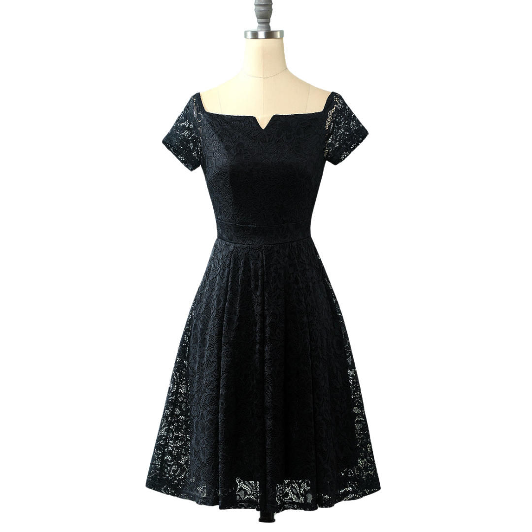 VESTIDO ACAMPANADO TODO DE ENCAJE CUELLO BOTE MANGA CORTA-0
