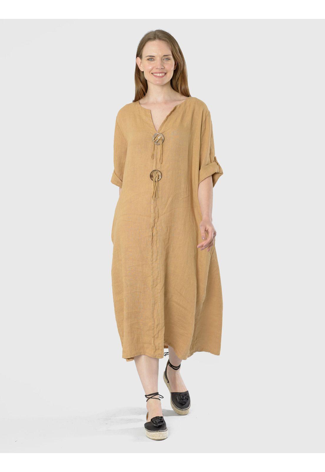 Vestido Lino 2 botones Italiano Café-1