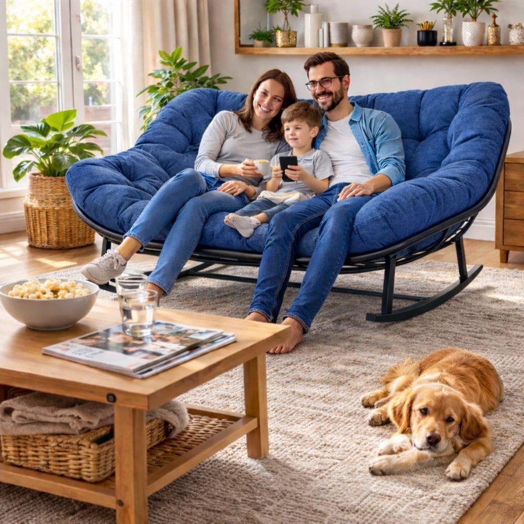 Sillon Mecedor Sillamecedora Sitial Dos Cuerpo Jardín Living Azul Liso-2