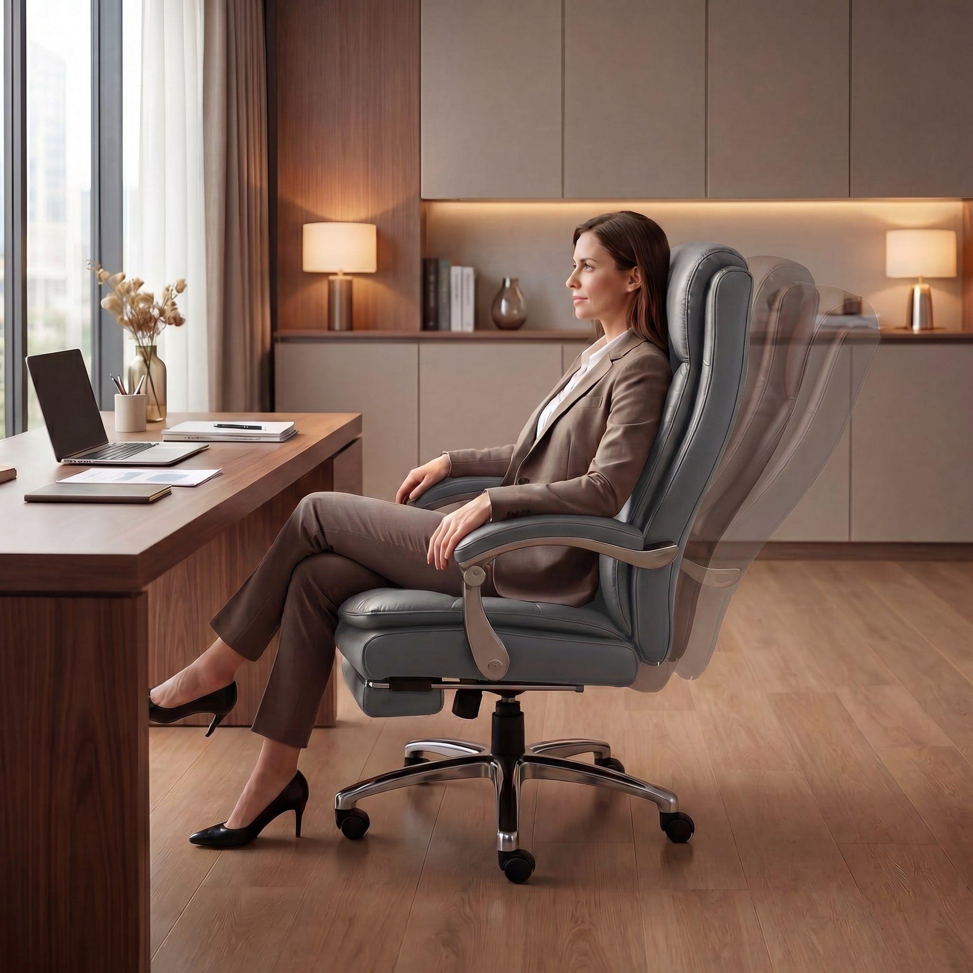 Silla Oficina Gerencial Asiento De Cuero Pata Acero Premium Gris Claro Cuero Sintético-4