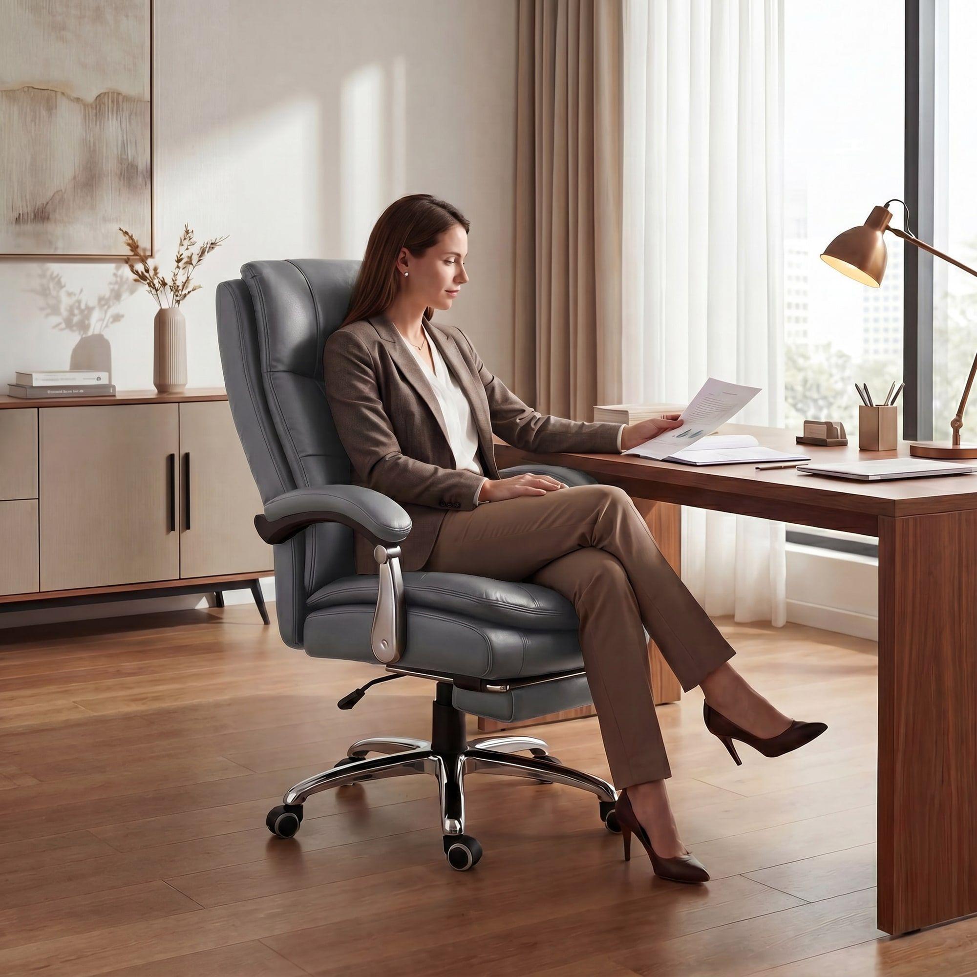 Silla Oficina Gerencial Asiento De Cuero Pata Acero Premium Gris Claro Cuero Sintético-6